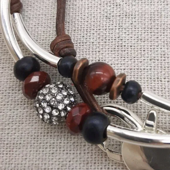 Lizzy James Brown Leather Silver Cat's Eye Gemstone Rhinestone Wrap Bracelet - Picture 3 of 5